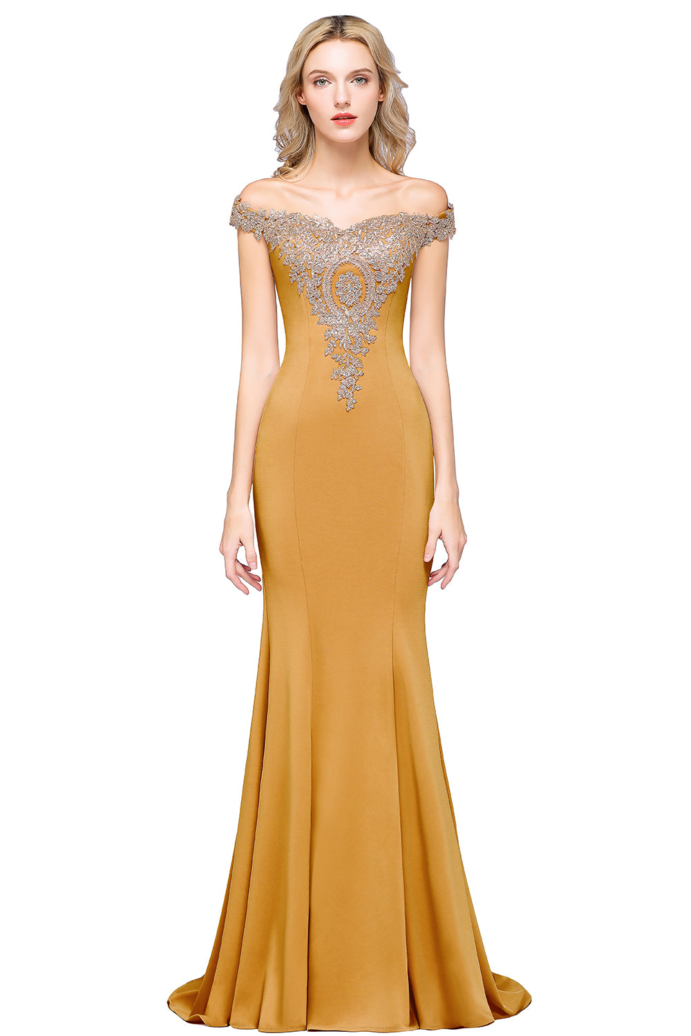 Long Off-the-Shoulder Gold Appliques Floor Length Mermaid Evening Dress