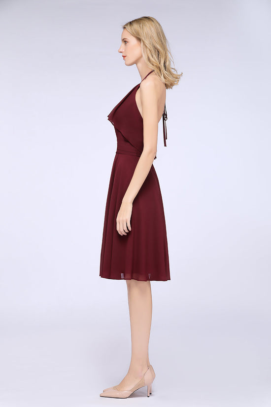 A-Line Chiffon Halter Sleeveless Short Bridesmaid Dress with Ruffles-BIZTUNNEL