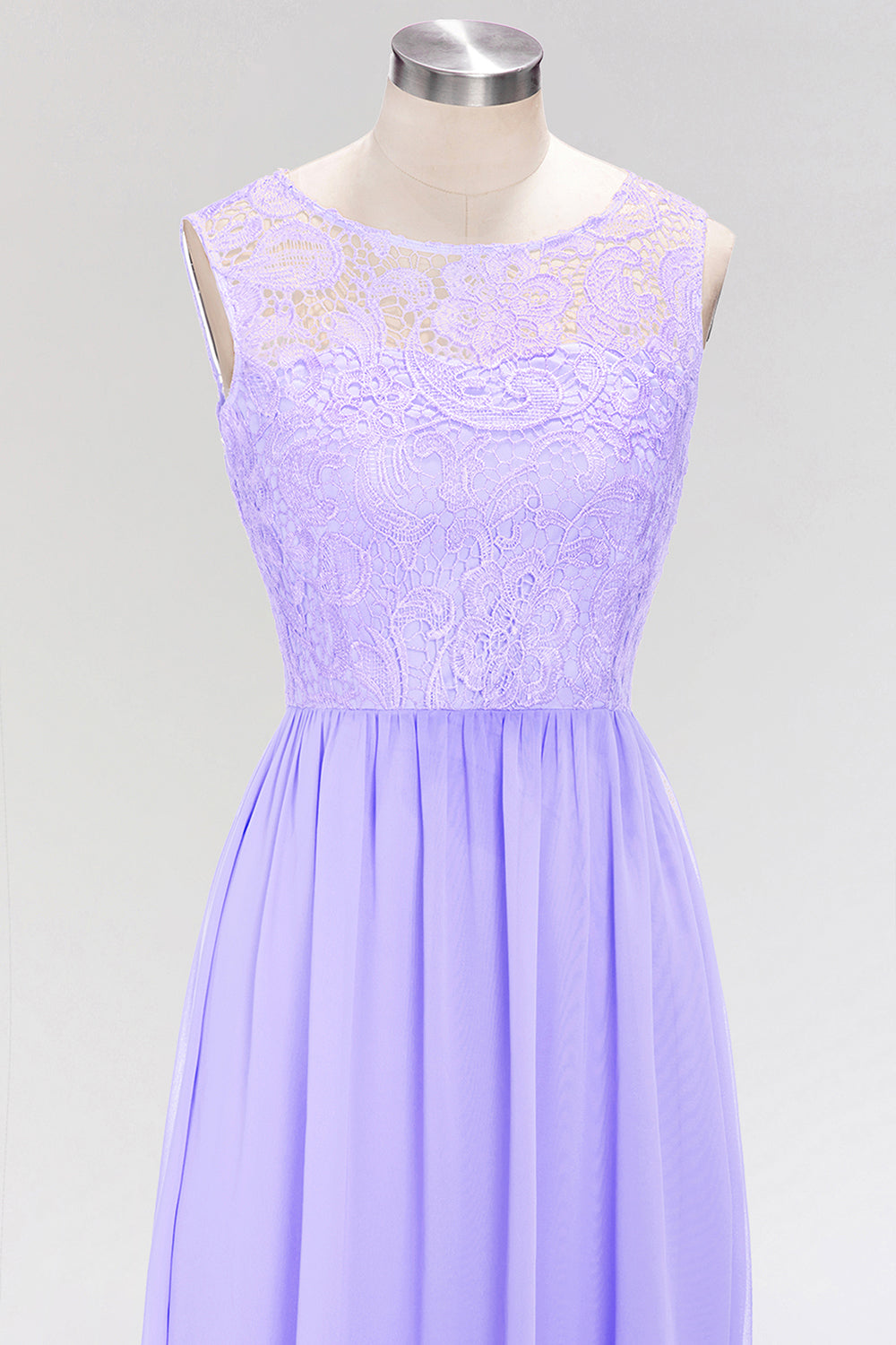 A-line Chiffon Lace Jewel Sleeveless Long Bridesmaid Dress with Ruffles-BIZTUNNEL