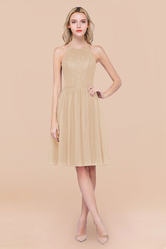 A-line Chiffon Lace Jewel Sleeveless Short Bridesmaid Dresses with Ruffles-BIZTUNNEL