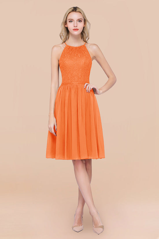 A-line Chiffon Lace Jewel Sleeveless Short Bridesmaid Dresses with Ruffles-BIZTUNNEL