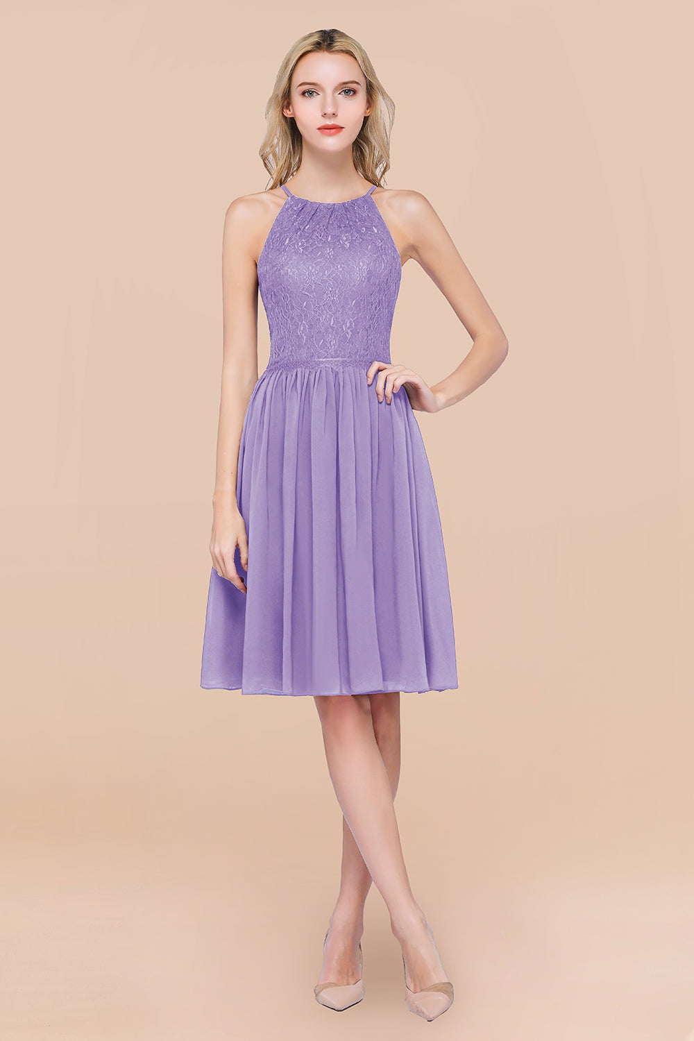 A-line Chiffon Lace Jewel Sleeveless Short Bridesmaid Dresses with Ruffles-BIZTUNNEL