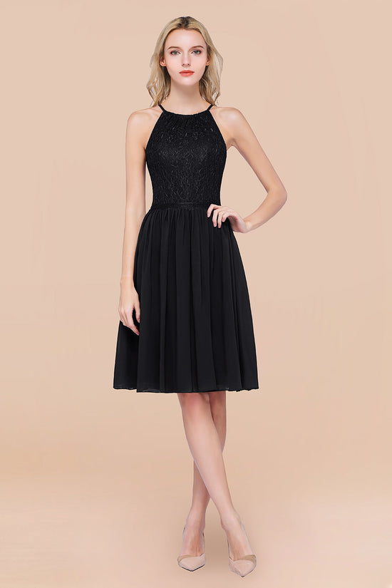 A-line Chiffon Lace Jewel Sleeveless Short Bridesmaid Dresses with Ruffles-BIZTUNNEL