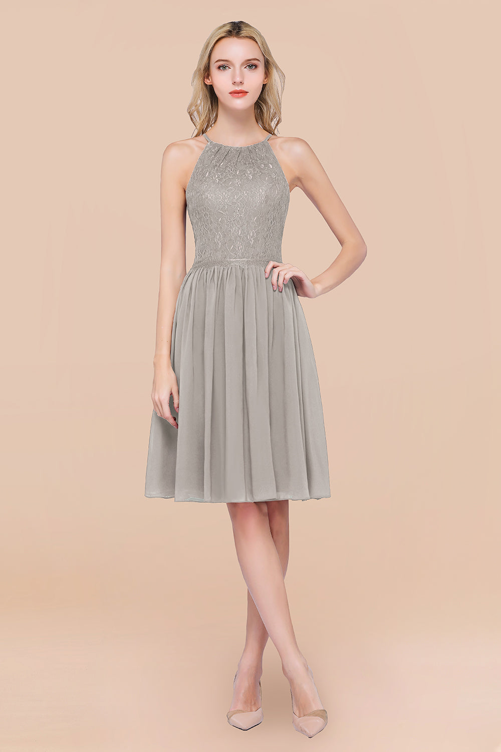 A-line Chiffon Lace Jewel Sleeveless Short Bridesmaid Dresses with Ruffles-BIZTUNNEL