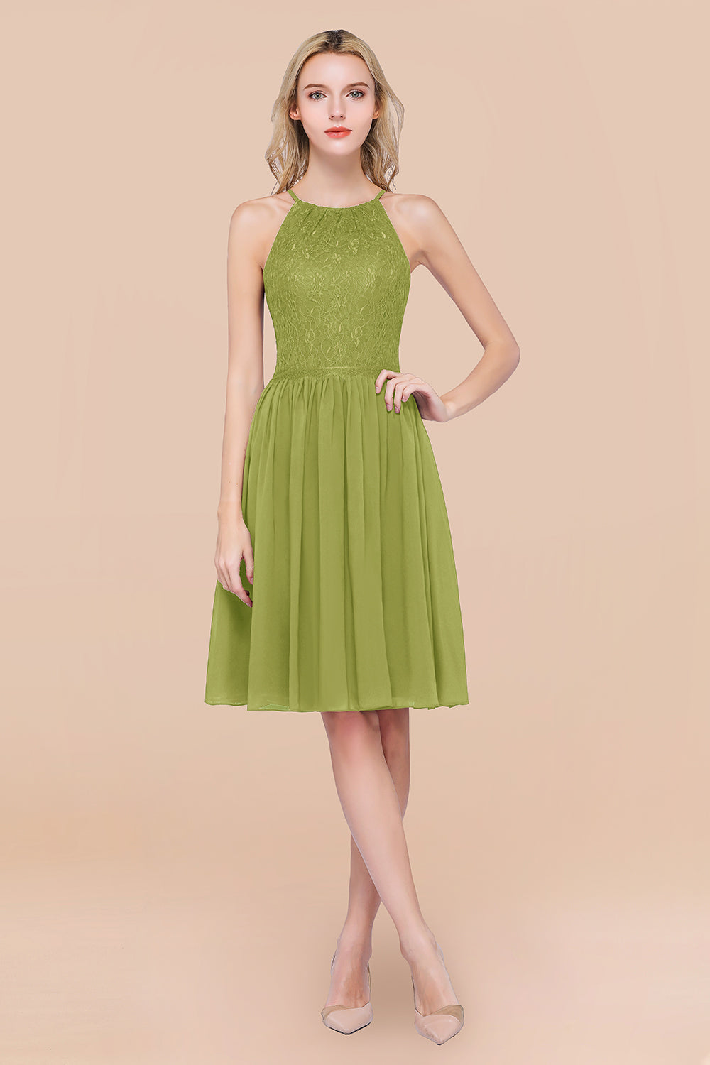 A-line Chiffon Lace Jewel Sleeveless Short Bridesmaid Dresses with Ruffles-BIZTUNNEL