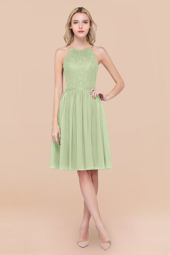 A-line Chiffon Lace Jewel Sleeveless Short Bridesmaid Dresses with Ruffles-BIZTUNNEL