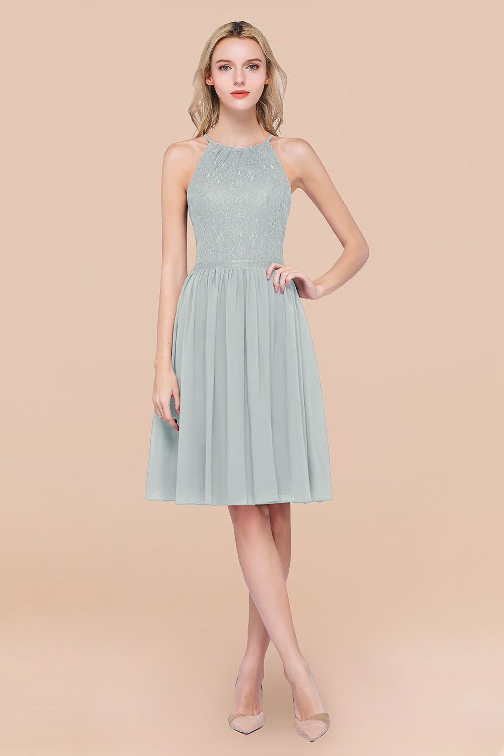 A-line Chiffon Lace Jewel Sleeveless Short Bridesmaid Dresses with Ruffles-BIZTUNNEL