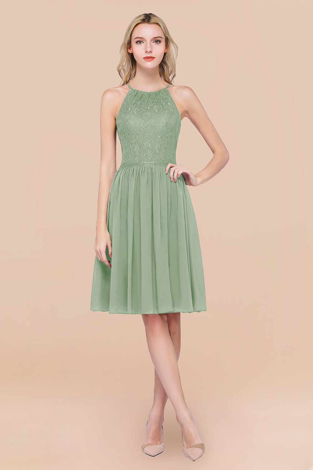 A-line Chiffon Lace Jewel Sleeveless Short Bridesmaid Dresses with Ruffles-BIZTUNNEL