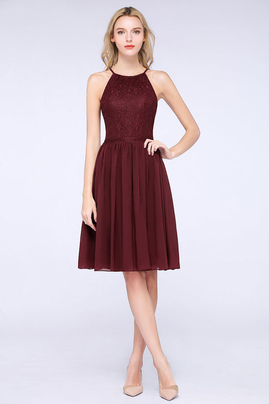 A-line Chiffon Lace Jewel Sleeveless Short Bridesmaid Dresses with Ruffles-BIZTUNNEL