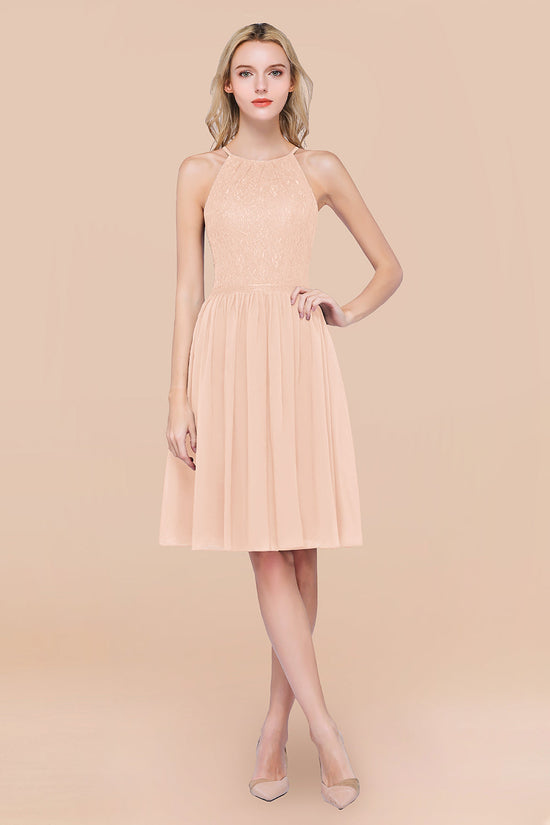 A-line Chiffon Lace Jewel Sleeveless Short Bridesmaid Dresses with Ruffles-BIZTUNNEL