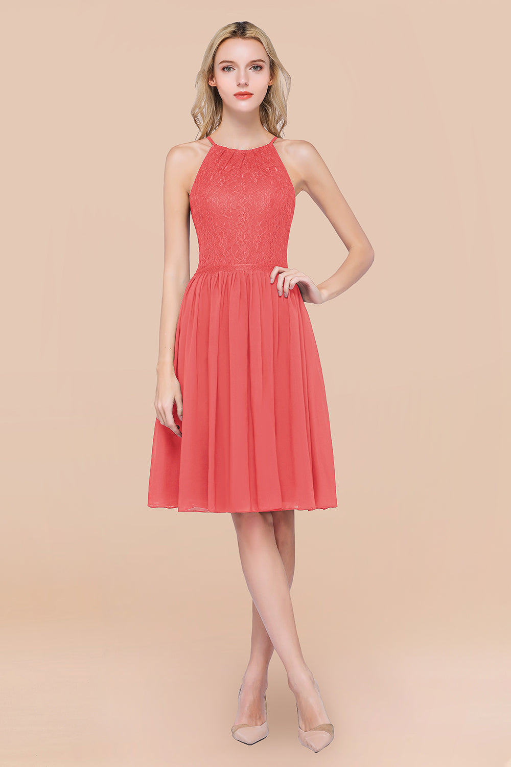 A-line Chiffon Lace Jewel Sleeveless Short Bridesmaid Dresses with Ruffles-BIZTUNNEL