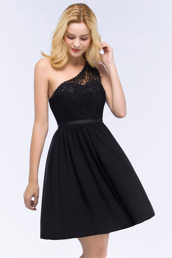 A-Line Chiffon Lace One shoulder Short Bridesmaid Dresses with Sash-BIZTUNNEL