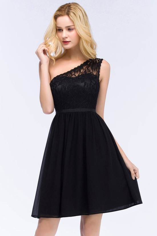 A-Line Chiffon Lace One shoulder Short Bridesmaid Dresses with Sash-BIZTUNNEL