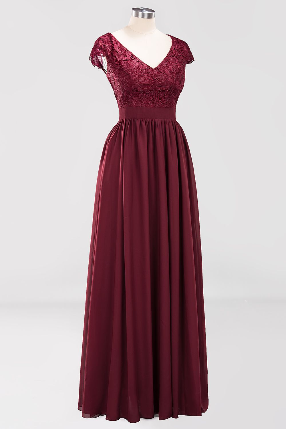 A-line Chiffon Lace V-Neck Sleeveless Long Bridesmaid Dresses with Ruffles-BIZTUNNEL