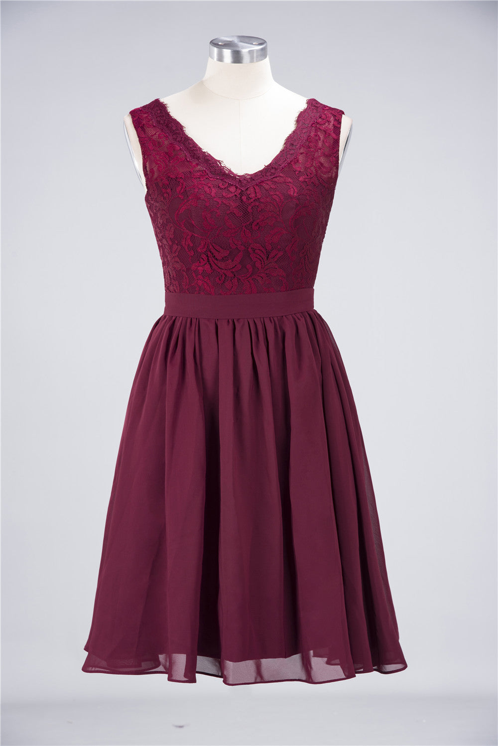 A-Line Chiffon Lace V-Neck Sleeveless Short Bridesmaid Dress with Ruffles-BIZTUNNEL