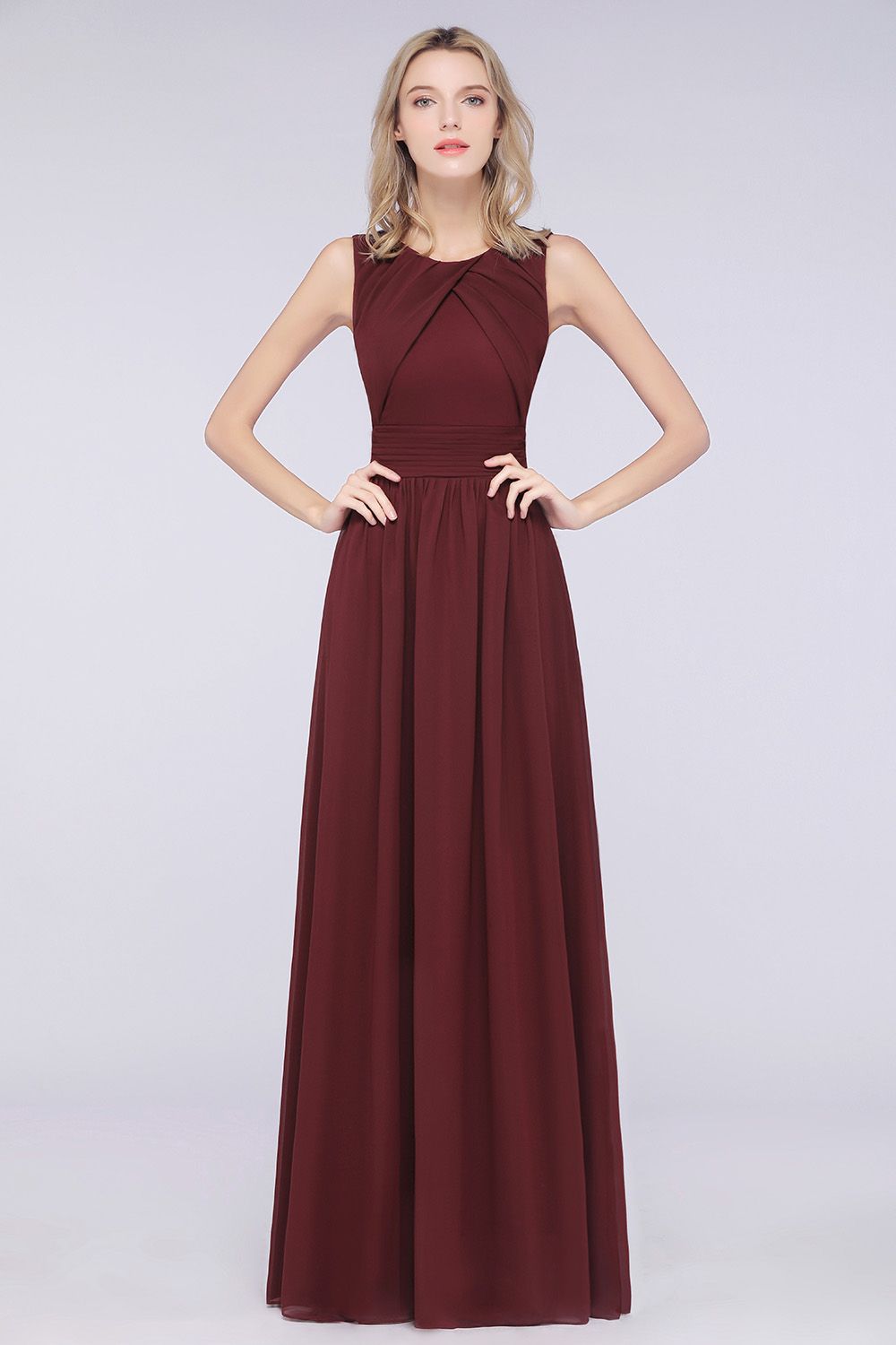 A-Line Chiffon Round-Neck Sleeveless Long Bridesmaid Dress with Ruffles-BIZTUNNEL