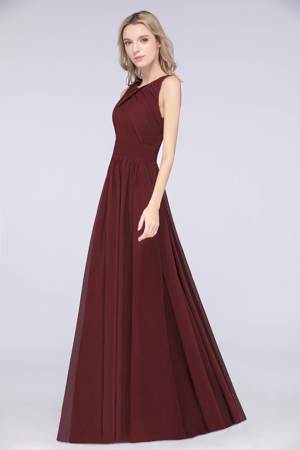 A-Line Chiffon Round-Neck Sleeveless Long Bridesmaid Dress with Ruffles-BIZTUNNEL