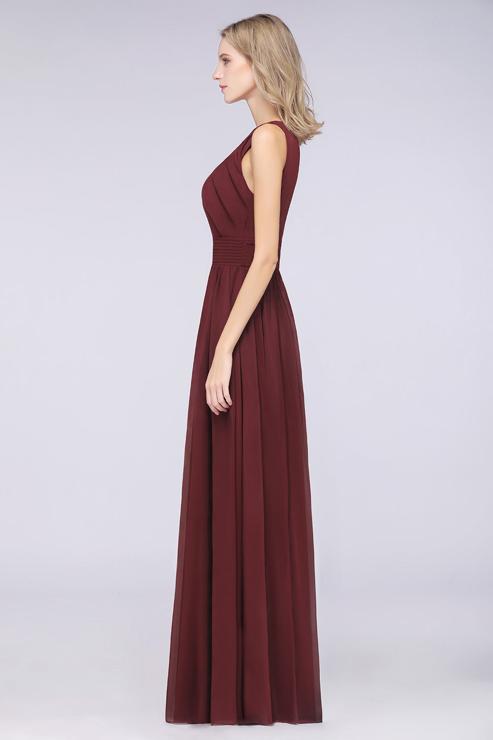 A-Line Chiffon Round-Neck Sleeveless Long Bridesmaid Dress with Ruffles-BIZTUNNEL