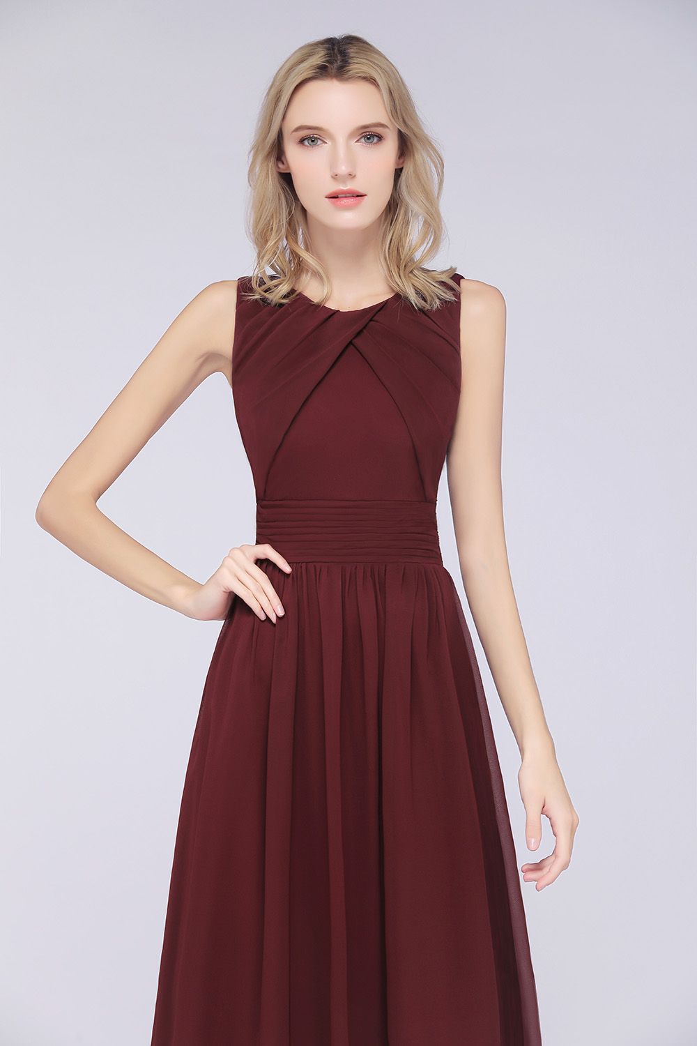 A-Line Chiffon Round-Neck Sleeveless Long Bridesmaid Dress with Ruffles-BIZTUNNEL