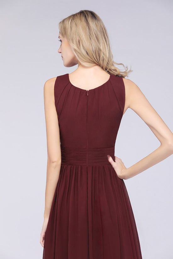 A-Line Chiffon Round-Neck Sleeveless Long Bridesmaid Dress with Ruffles-BIZTUNNEL