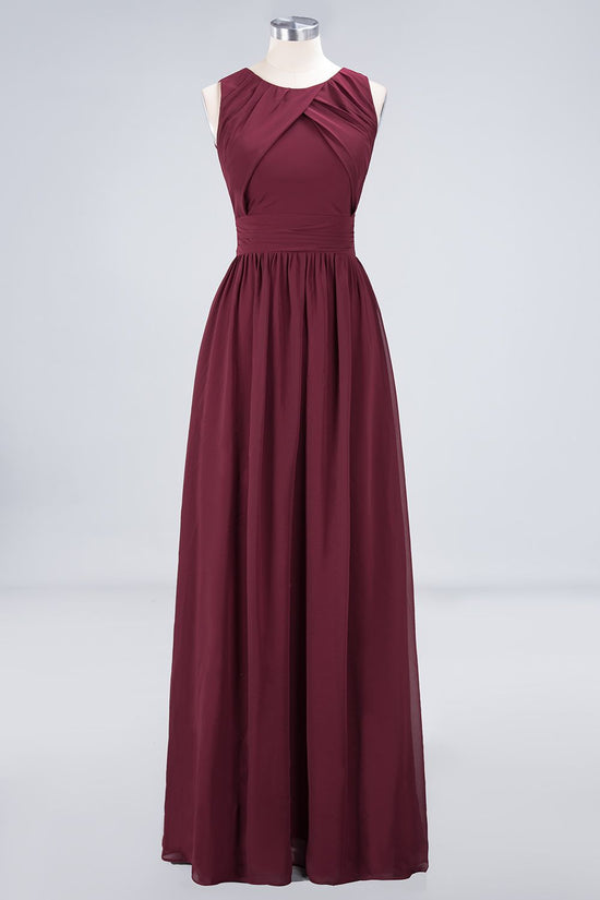 A-Line Chiffon Round-Neck Sleeveless Long Bridesmaid Dress with Ruffles-BIZTUNNEL