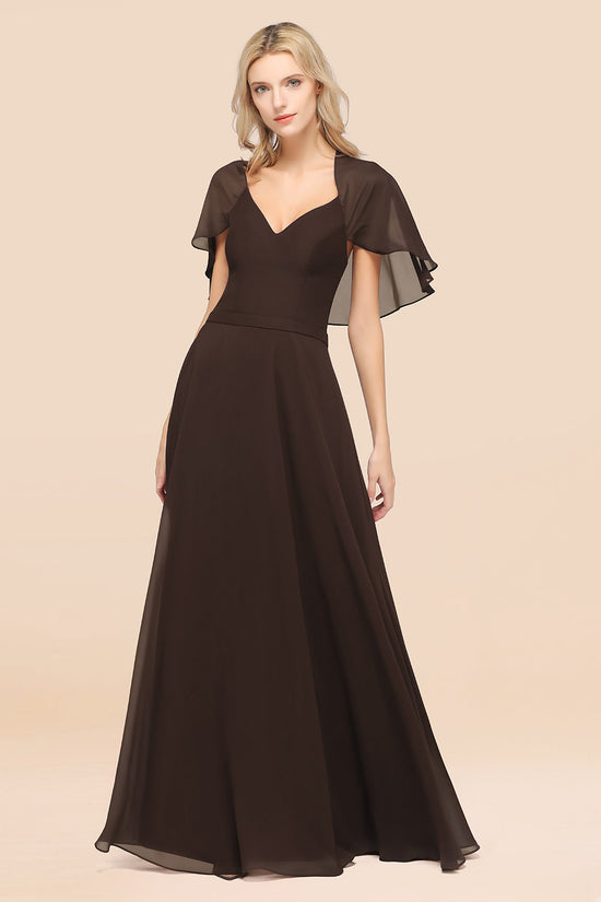 A-Line Chiffon Satin V-Neck Long Bridesmaid Dress with Sleeves-BIZTUNNEL