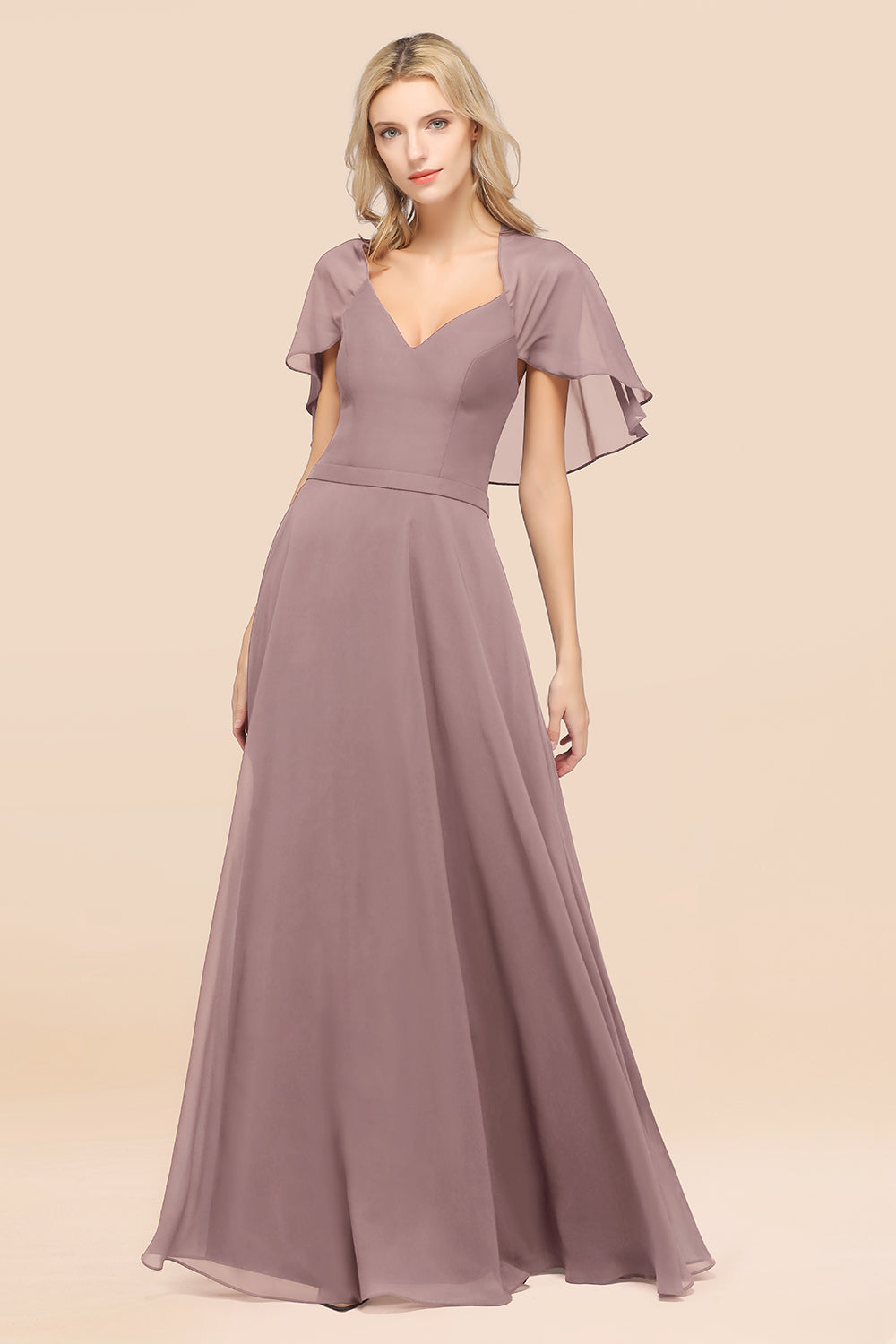 A-Line Chiffon Satin V-Neck Long Bridesmaid Dress with Sleeves-BIZTUNNEL