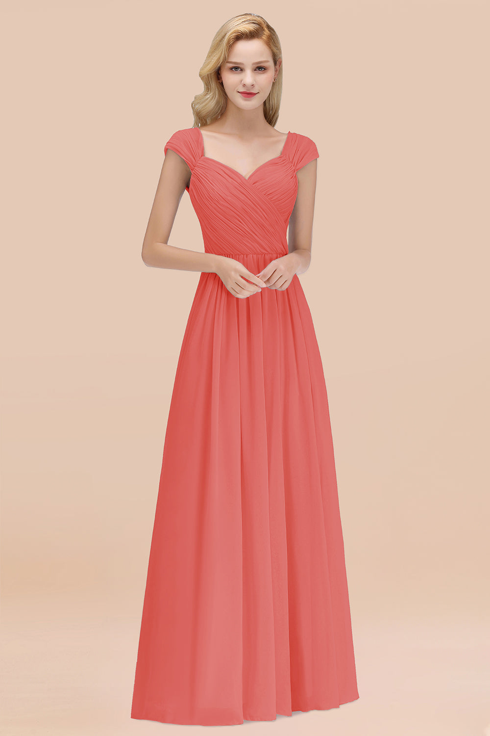 A-Line Chiffon Straps Sweetheart Long Bridesmaid Dress with Ruffles-BIZTUNNEL