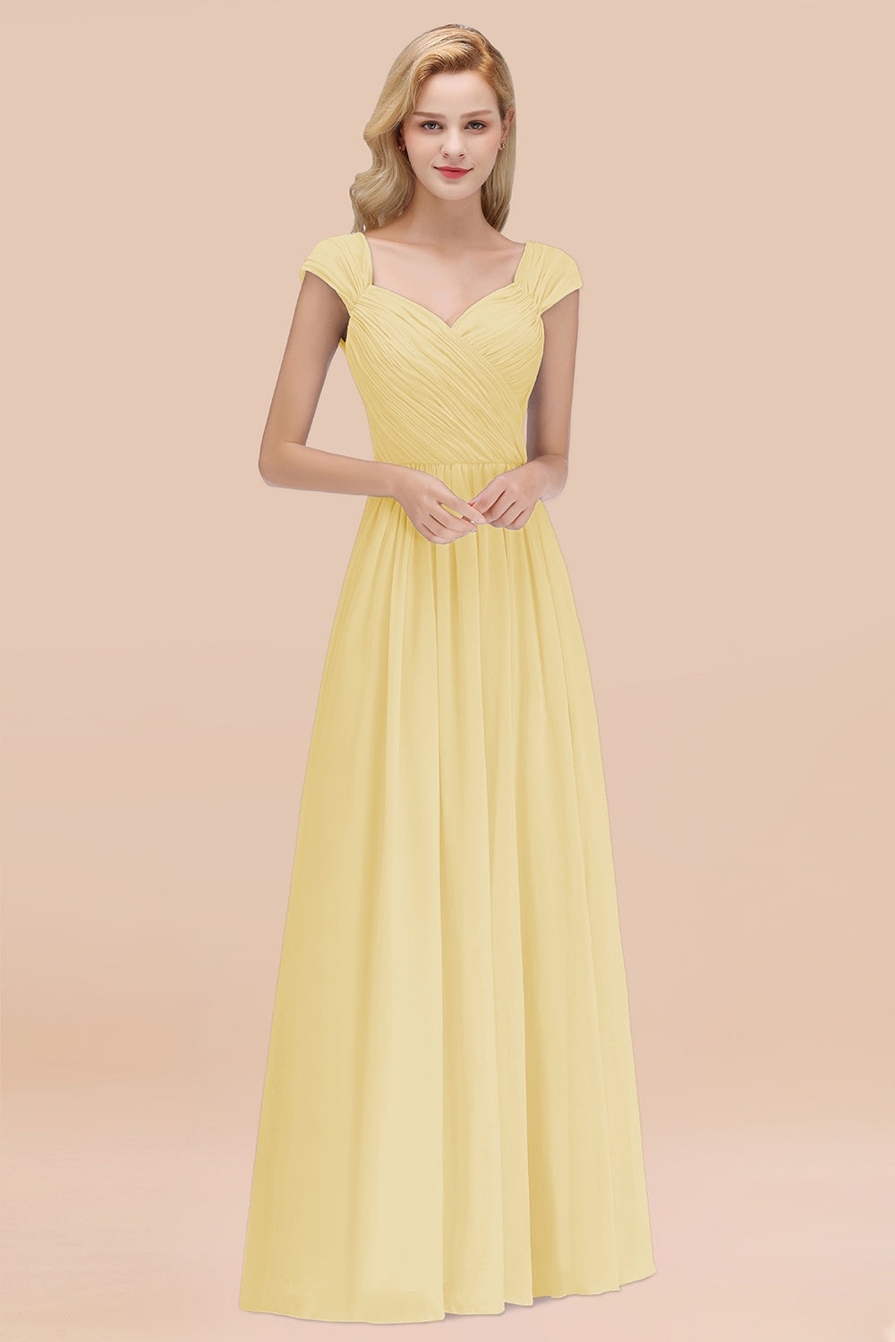 A-Line Chiffon Straps Sweetheart Long Bridesmaid Dress with Ruffles-BIZTUNNEL