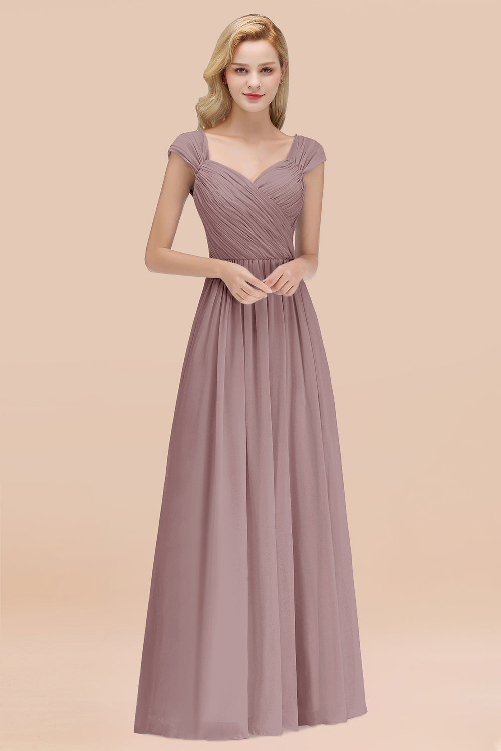 A-Line Chiffon Straps Sweetheart Long Bridesmaid Dress with Ruffles-BIZTUNNEL