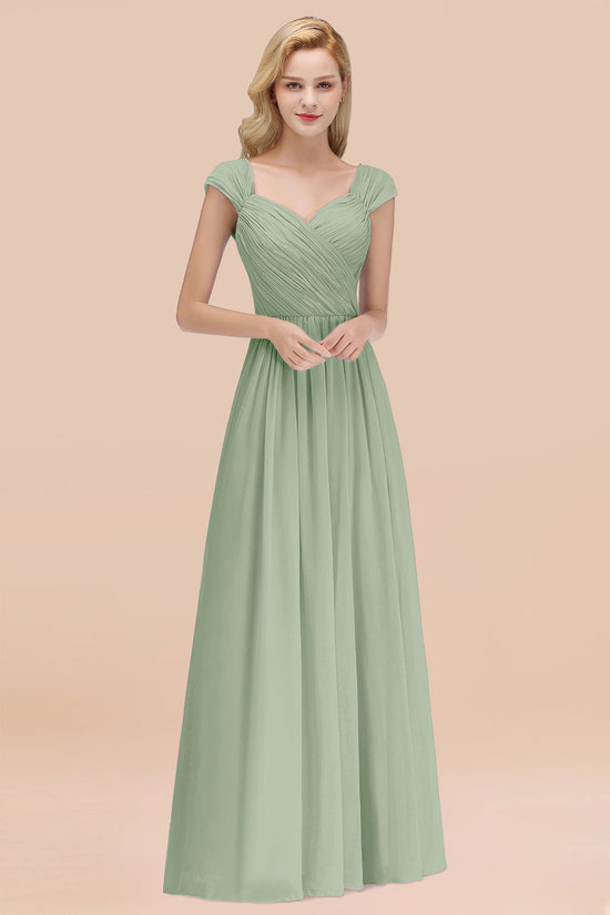 A-Line Chiffon Straps Sweetheart Long Bridesmaid Dress with Ruffles-BIZTUNNEL