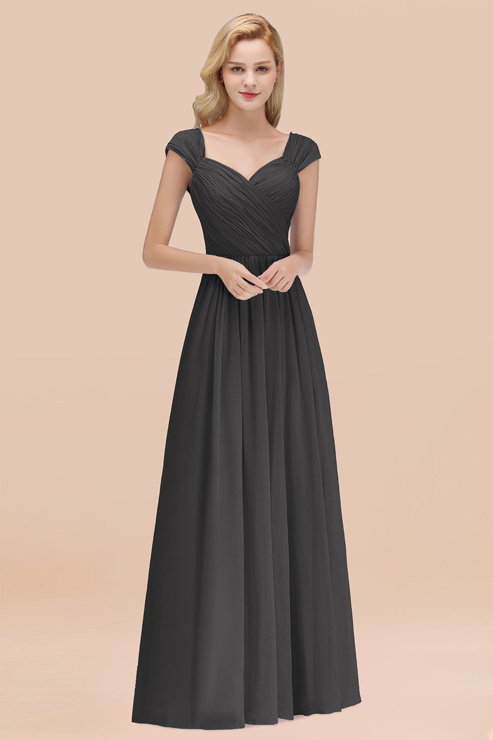 A-Line Chiffon Straps Sweetheart Long Bridesmaid Dress with Ruffles-BIZTUNNEL