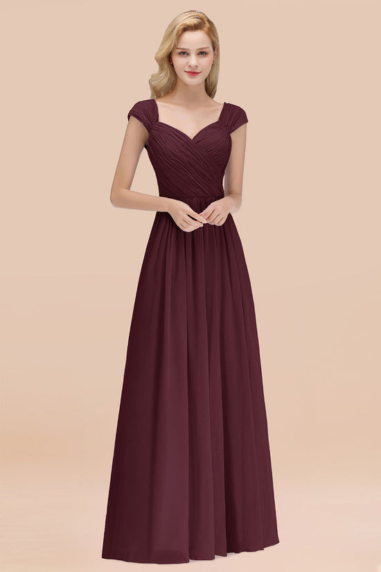 A-Line Chiffon Straps Sweetheart Long Bridesmaid Dress with Ruffles-BIZTUNNEL