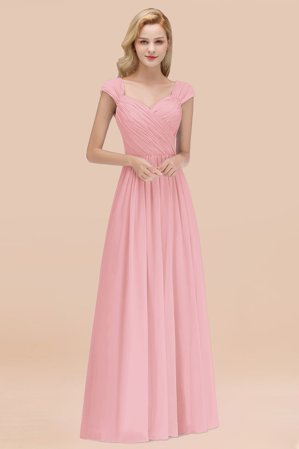 A-Line Chiffon Straps Sweetheart Long Bridesmaid Dress with Ruffles-BIZTUNNEL