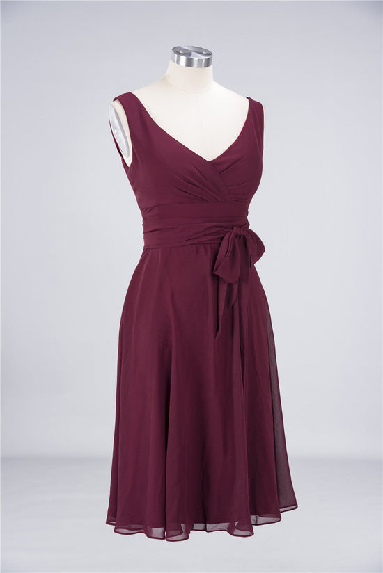 A-Line Chiffon Straps V-Neck Short Bridesmaid Dress with Bow Sash-BIZTUNNEL