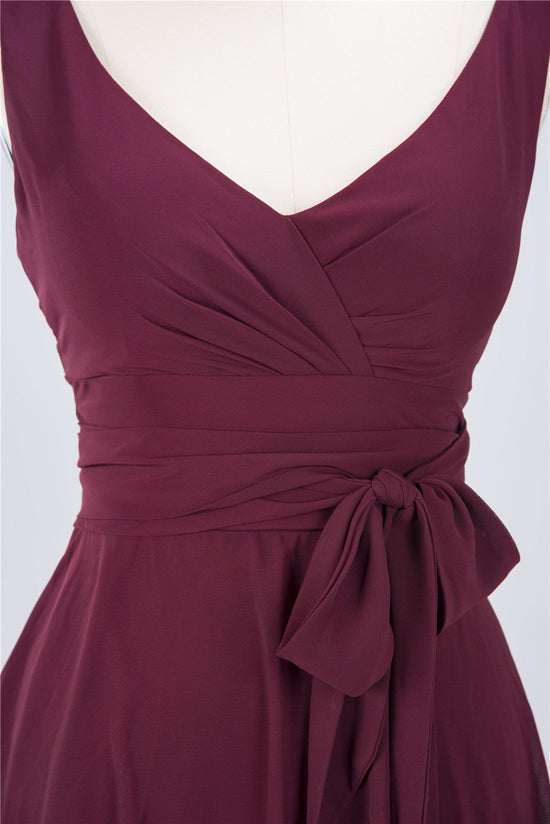 A-Line Chiffon Straps V-Neck Short Bridesmaid Dress with Bow Sash-BIZTUNNEL