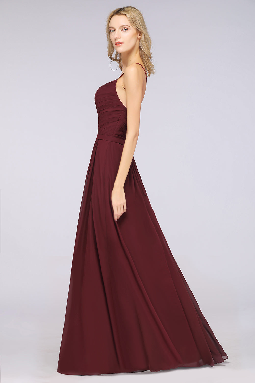 A-Line Chiffon Sweetheart Long Backless Bridesmaid Dress with Ruffles-BIZTUNNEL