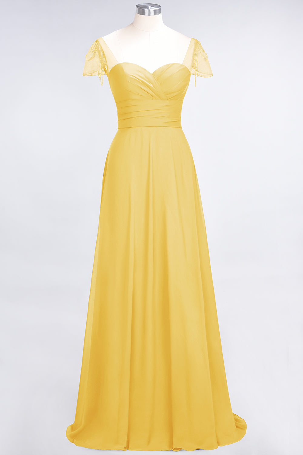 A-Line Chiffon Sweetheart Ruffle Long Bridesmaid Dress with Beadings-BIZTUNNEL