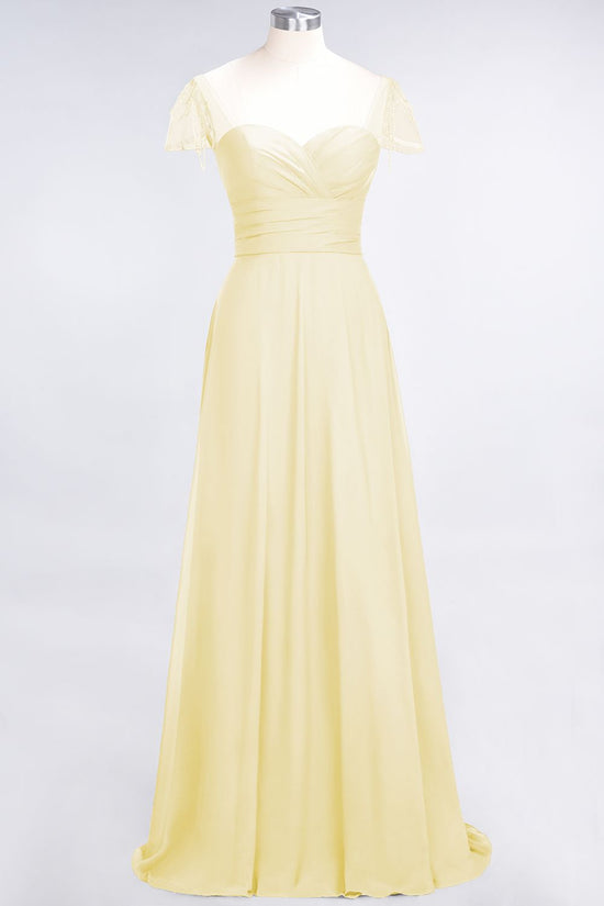 A-Line Chiffon Sweetheart Ruffle Long Bridesmaid Dress with Beadings-BIZTUNNEL