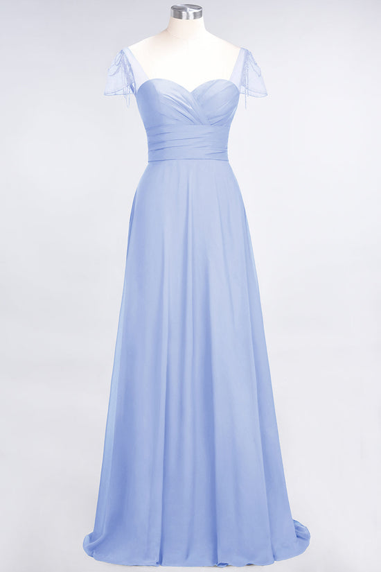 A-Line Chiffon Sweetheart Ruffle Long Bridesmaid Dress with Beadings-BIZTUNNEL