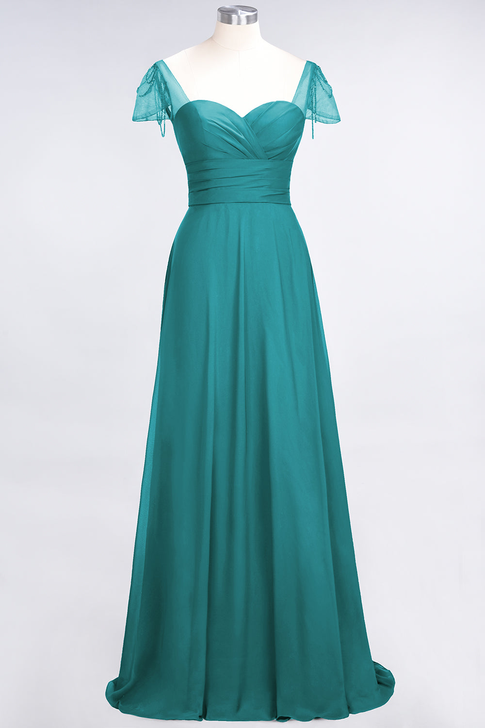 A-Line Chiffon Sweetheart Ruffle Long Bridesmaid Dress with Beadings-BIZTUNNEL