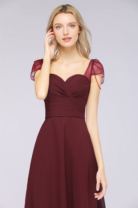 A-Line Chiffon Sweetheart Ruffle Long Bridesmaid Dress with Beadings-BIZTUNNEL