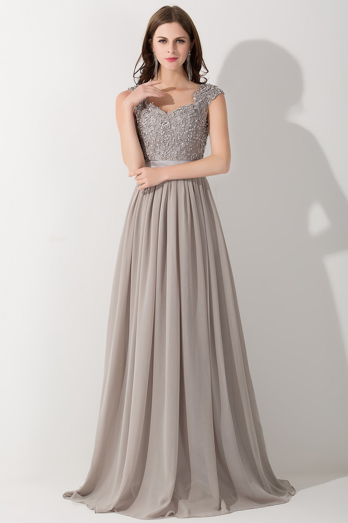 A-line Chiffon V-Neck Sleeveless Long Bridesmaid Dress with Appliques-BIZTUNNEL