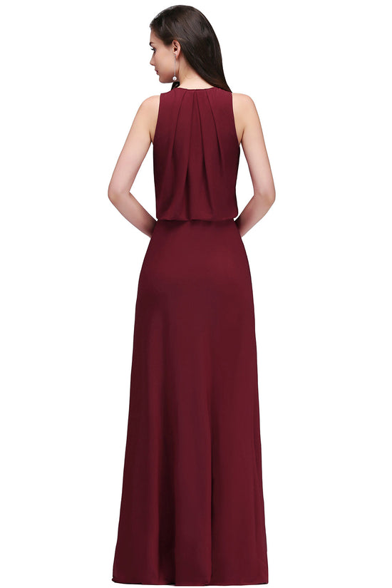 A-line Chiffon V-Neck Sleeveless Long Bridesmaid Dress with Slit-BIZTUNNEL