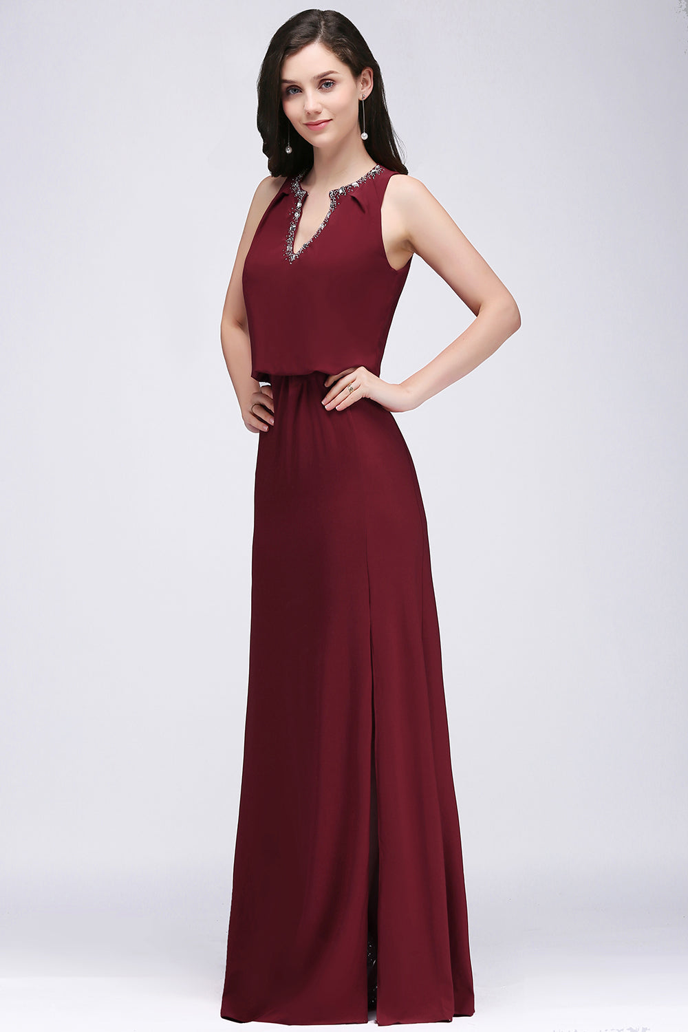 A-line Chiffon V-Neck Sleeveless Long Bridesmaid Dress with Slit-BIZTUNNEL