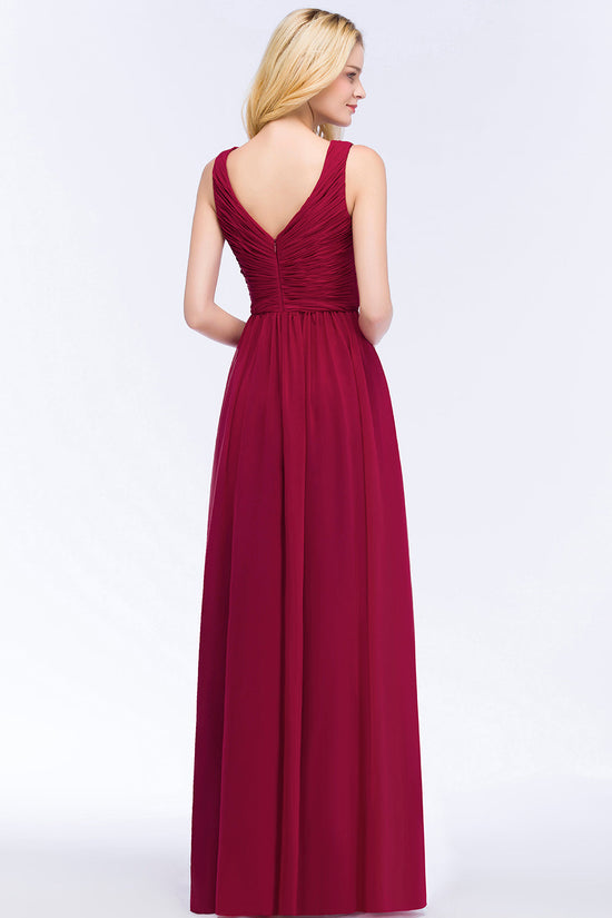 A-line Chiffon V-Neck Sleeveless Ruffles Long Backless Bridesmaid Dress-BIZTUNNEL