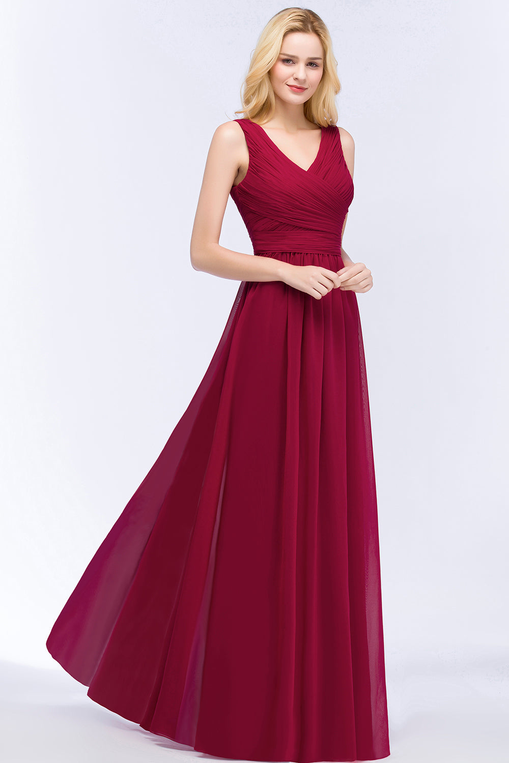 A-line Chiffon V-Neck Sleeveless Ruffles Long Backless Bridesmaid Dress-BIZTUNNEL