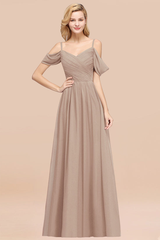 A-Line Chiffon V-Neck Spaghetti Straps Ruffles Long Bridesmaid Dresses with Sleeves-BIZTUNNEL