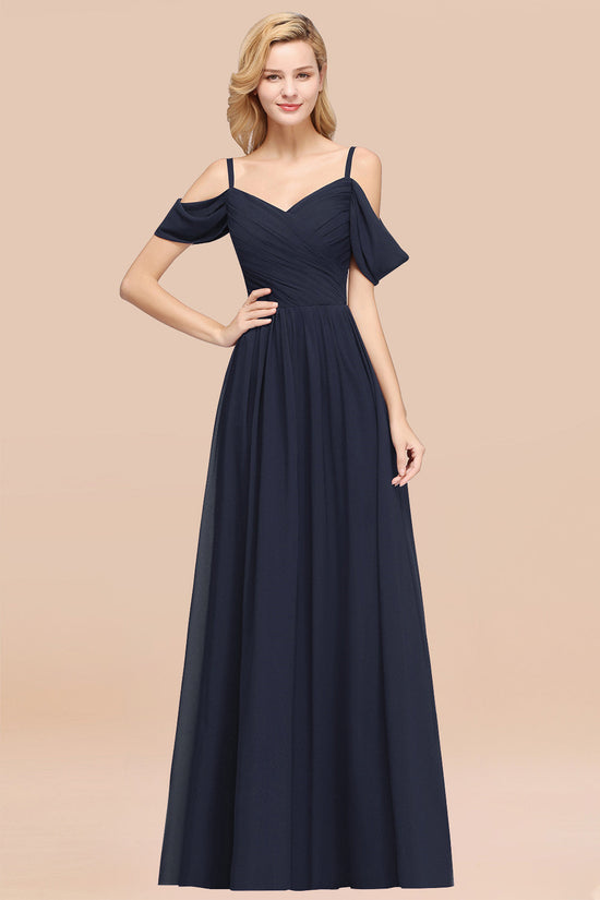 A-Line Chiffon V-Neck Spaghetti Straps Ruffles Long Bridesmaid Dresses with Sleeves-BIZTUNNEL