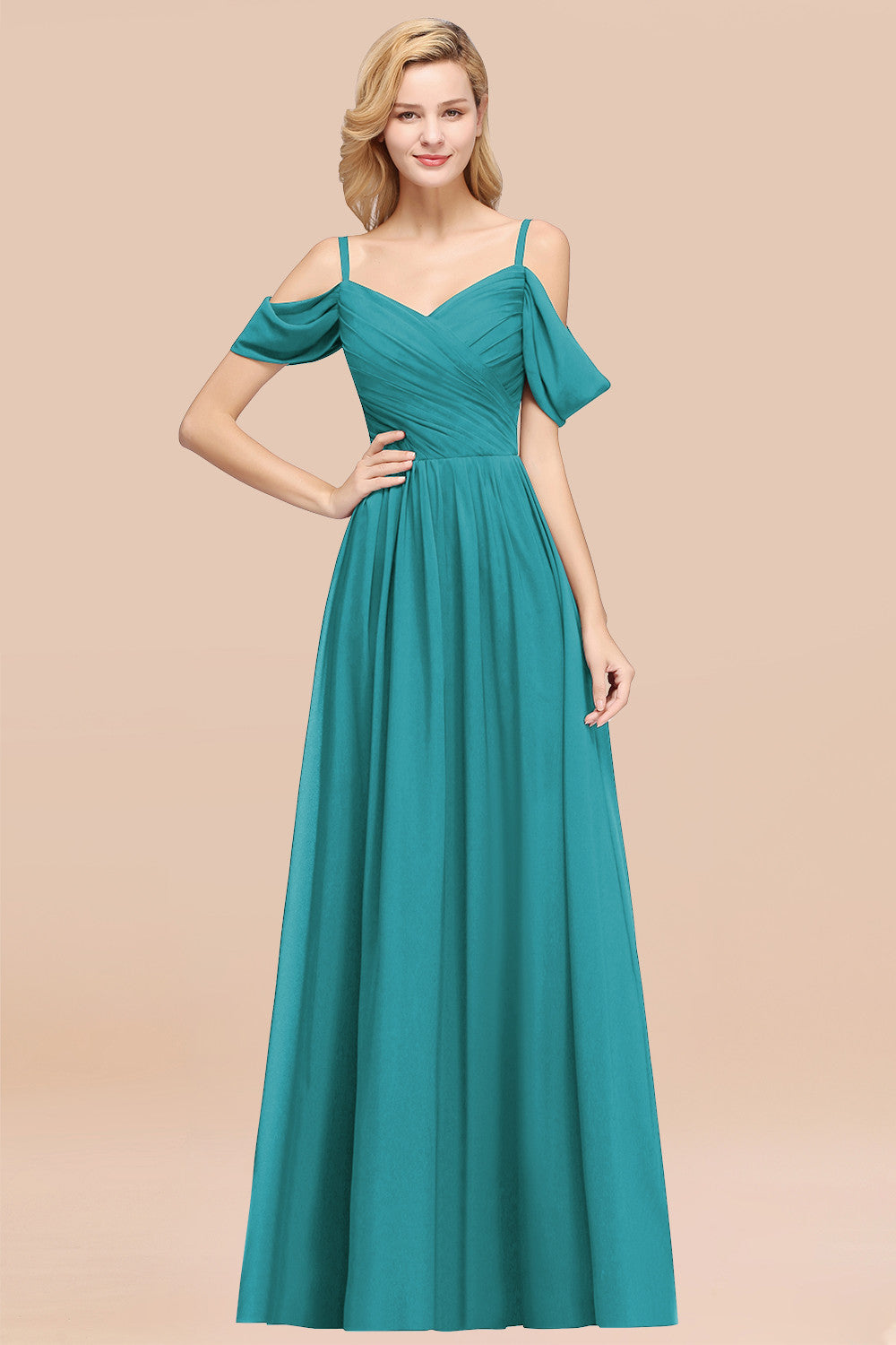 A-Line Chiffon V-Neck Spaghetti Straps Ruffles Long Bridesmaid Dresses with Sleeves-BIZTUNNEL